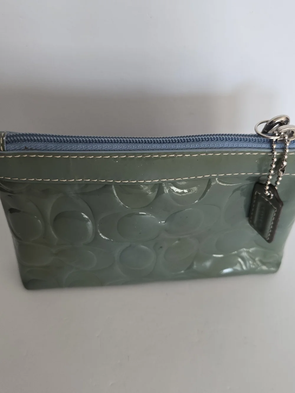 Vtg COACH Y2K Patent Leather Green/Blue Wristlet 7